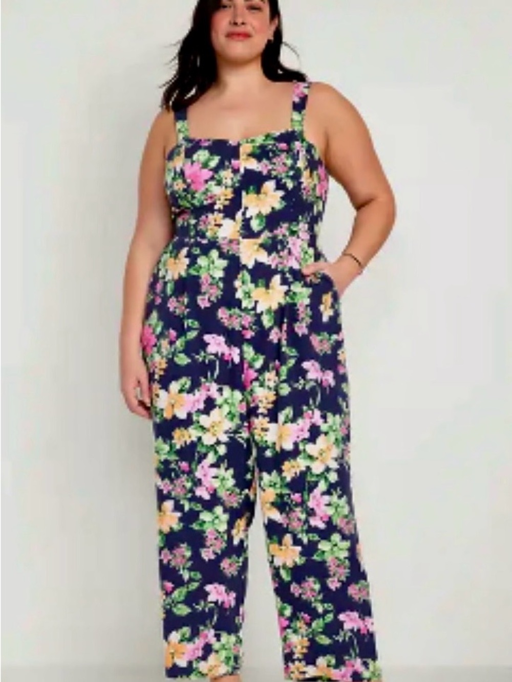 Old Navy Black Floral Jumpsuit with Pink & Yellow Flowers